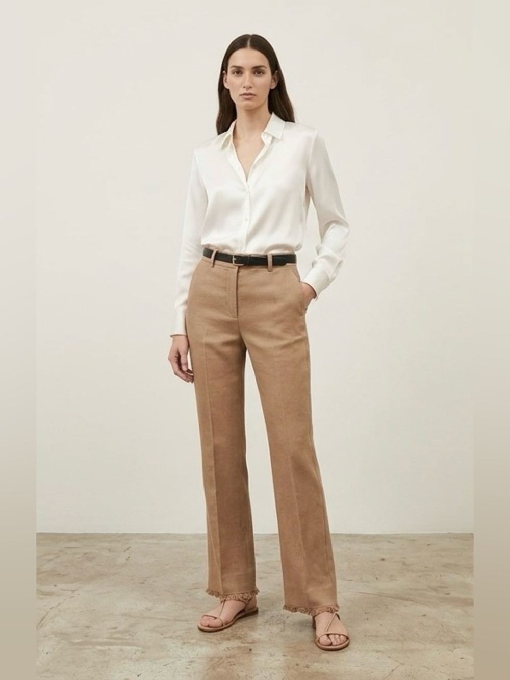 Weekend Max Mara Zigote Fringed Hem Linen Cotton Flared Trousers Tan US 4